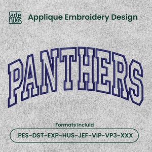 May include: An applique embroidery design featuring the word PANTHERS in a dark blue, arched, collegiate-style font. The text is displayed on a light gray textured background with the logo arte hilos and a list of file formats including PES, DST, EXP, HUS, JEF, VIP, VP3, and XXX.