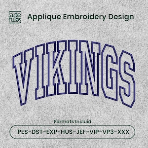 May include: An applique embroidery design featuring the word VIKINGS in a dark purple, arched collegiate font. The text arte hilos Applique Embroidery Design appears at the top, and Formats Incluid PES-DST-EXP-HUS-JEF-VIP-VP3-XXX at the bottom.