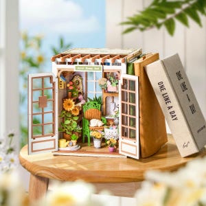 Floral DIY Book Nook Kit with LED, Rolife Secret Bloomy Nook Miniature Bookshelf Insert for Adults
