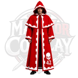 May include: A floor-length red hooded robe featuring a white crenellated trim along the edges, hood, and sleeves. The front of the robe displays a white skull graphic above the number 42 printed in white on the lower left side of the garment.