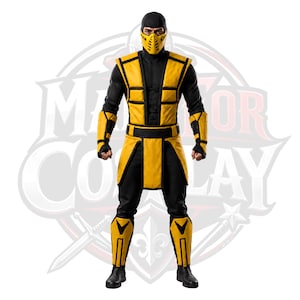 Game-geïnspireerd Scorpion Mortal Kombat-cosplaykostuum, volwassen Halloween, ninjastrijder, maskeroutfit Deluxe