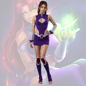 May include: A purple sleeveless dress with a diamond-shaped cutout at the chest, silver trim, and a high collar. The outfit includes silver arm cuffs, a belt with a central red gem, and matching purple knee-high leg warmers with silver accents.