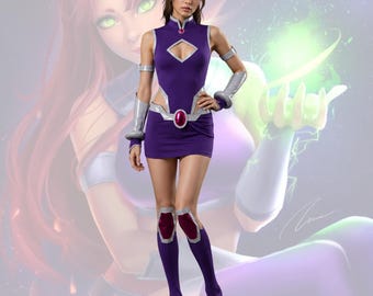 May include: A purple sleeveless dress with a diamond-shaped cutout at the chest, silver trim, and a high collar. The outfit includes silver arm cuffs, a belt with a central red gem, and matching purple knee-high leg warmers with silver accents.