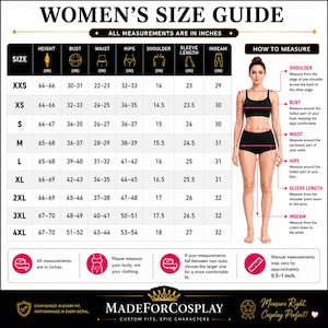 May include: A size guide chart for clothing featuring a table with columns for height, bust, waist, hips, shoulder, sleeve length, and inseam in inches. It includes a diagram of a person with labels for measuring points and text instructions.