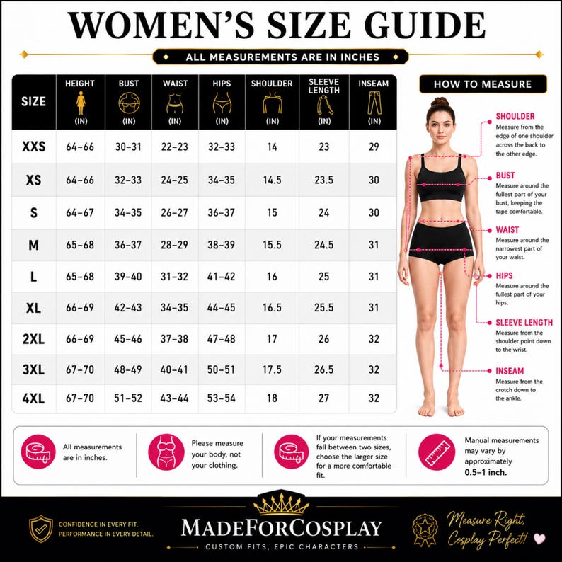 May include: A size guide chart for clothing featuring a table with columns for height, bust, waist, hips, shoulder, sleeve length, and inseam in inches. It includes a diagram of a person with labels for measuring points and text instructions.