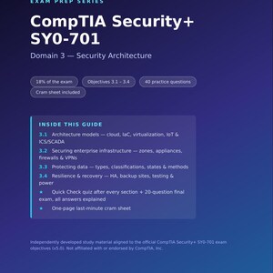 May include: A dark blue educational study guide for the CompTIA Security+ SY0-701 exam, Domain 3, Security Architecture. It lists 40 practice questions, objectives 3.1-3.4, and a cram sheet. The text details architecture models, infrastructure, data protection, and recovery.