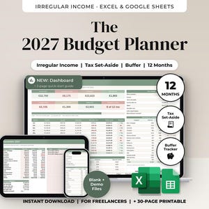 Budgetkalkylblad för oregelbunden inkomst 2027, Frilansande Pengaplanerare, Google Sheets och Excel