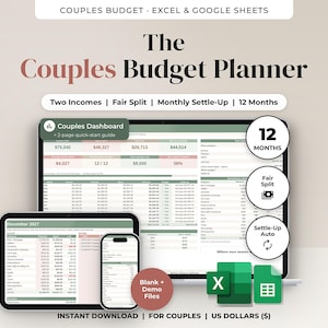 Op de afbeelding: Een digitale budgetplanner voor koppels voor Excel en Google Sheets met dashboard, 12-maanden overzicht, eerlijke verdeling en automatische afrekentools, weergegeven op een laptop, tablet en smartphone-scherm.