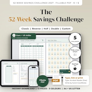 Op de afbeelding: Een digitale 52-weken spaarchallenge planner set met invulbare PDF-pagina's in Euro en US dollar versies. Bevat klassieke, omgekeerde, halve, dubbele en aangepaste lay-outs, pick-a-box grafieken en spaarpot trackers voor 2027.