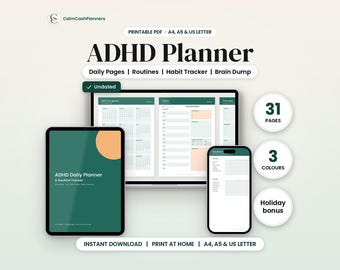 ADHD Planner Printable 2027, ADHD Daily Planner & Routine Planner, Habit Tracker, Cleaning Schedule, Brain Dump, Undated, A4 A5 Letter
