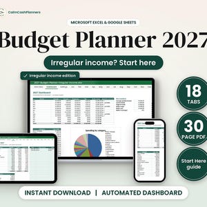Budget Planner 2027 spreadsheet for irregular income on laptop, tablet and phone