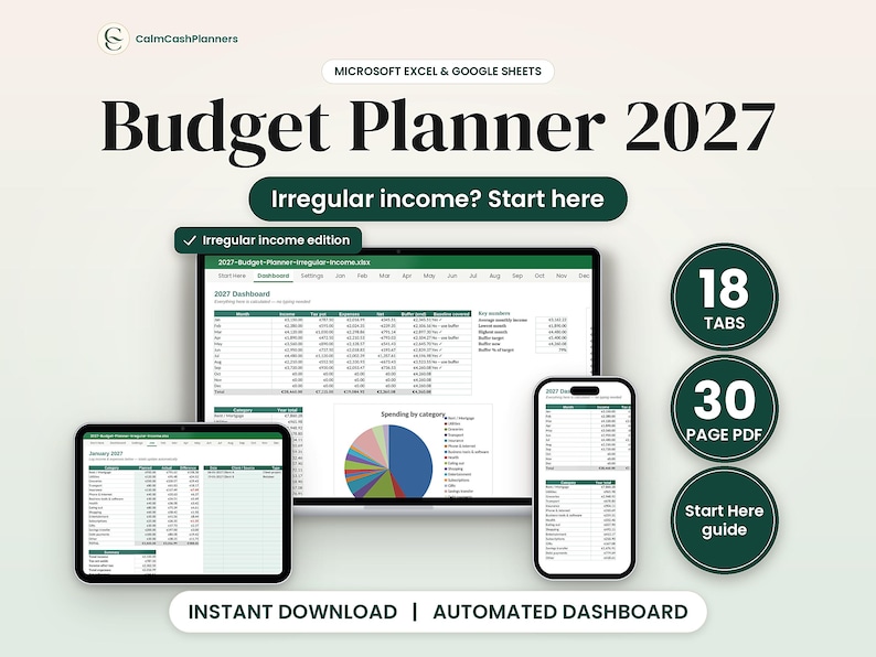 Budget Planner 2027 spreadsheet for irregular income on laptop, tablet and phone