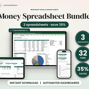 Op de afbeelding: Een digitaal spreadsheetpakket voor Microsoft Excel en Google Sheets met een laptop, tablet en smartphone die financiële dashboards, cirkeldiagrammen en vermogensgrafieken tonen met de tekst Money Spreadsheet Bundle.
