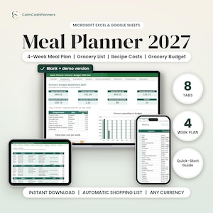 May include: A digital Meal Planner 2027 for Microsoft Excel and Google Sheets featuring a dashboard, grocery list, and recipe costs. The display shows a laptop, tablet, and smartphone with data tables, charts, and a 4-week meal plan layout.