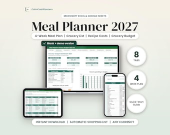 Meal Planner Spreadsheet 2027, Grocery List & Grocery Budget, Meal Plan Template Google Sheets Excel, Weekly Meal Plan, Food Budget