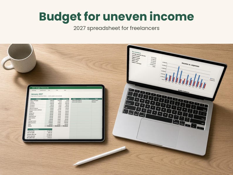 May include: A digital budget spreadsheet for freelancers titled Budget for uneven income 2027 displayed on a laptop and tablet screen. The screens show financial tables and an income versus expenses bar chart. A white stylus and mug are present.