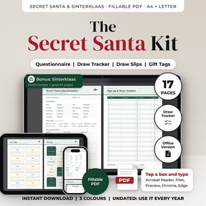 Op de afbeelding: Een digitale Secret Santa-kit met 17 pagina's aan invulbare PDF-sjablonen, waaronder een vragenlijst, trekking-tracker, lootjes en cadeaukaartjes. De kit bevat een Sinterklaas-bonus, is ongedateerd en compatibel met Acrobat Reader, Files, Preview, Chrome en Edge.