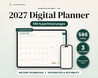 2027 Digital Planner GoodNotes, All in One iPad Planner, Hyperlinked Daily Weekly Monthly, 2026 2027 Planner, Notability & Android