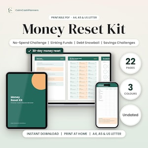 May include: A digital Money Reset Kit planner set featuring a tablet, a laptop screen, and a smartphone displaying financial tracking templates. The kit includes 22 pages, 3 colours, and is undated. Text includes No-Spend Challenge, Sinking Funds, Debt Snowball, and Savings Challenges.