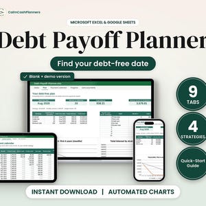 May include: A digital debt payoff planner for Microsoft Excel and Google Sheets featuring a laptop, tablet, and smartphone displaying financial spreadsheets, charts, and payment calendars. Includes 9 tabs, 4 strategies, and a quick-start guide.