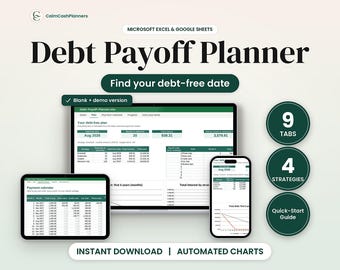 Debt Snowball Spreadsheet, Debt Payoff Tracker & Avalanche Calculator, Credit Card Payoff, Debt Free Planner, Google Sheets Excel
