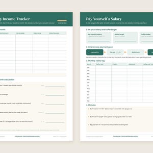 May include: Two white financial planning sheets with dark green headers. The left sheet is titled Monthly Income Tracker with columns for income and tax. The right sheet is titled Pay Yourself a Salary with sections for salary targets, payment flow, and a monthly salary log.