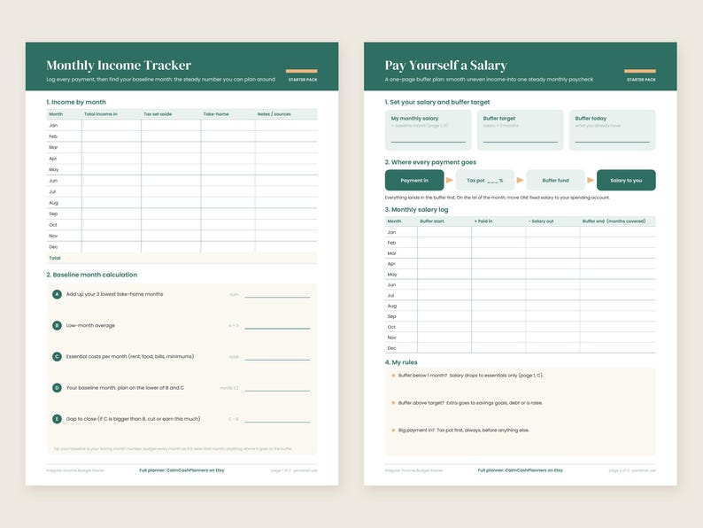 May include: Two white financial planning sheets with dark green headers. The left sheet is titled Monthly Income Tracker with columns for income and tax. The right sheet is titled Pay Yourself a Salary with sections for salary targets, payment flow, and a monthly salary log.