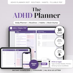 Op de afbeelding: Een digitale ADHD-planner voor 2027 met routines, gewoontes en een brain dump. De set bevat 31 pagina's in een invulbaar PDF-formaat, compatibel met Acrobat Reader, Preview en GoodNotes, beschikbaar in de formaten A4, A5 en US Letter.