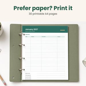 May include: A printable A4 expense tracker page for January 2027 inside a green binder. The document features columns for date, category, description, and amount, with sections for total income, total expenses, and notes at the bottom.