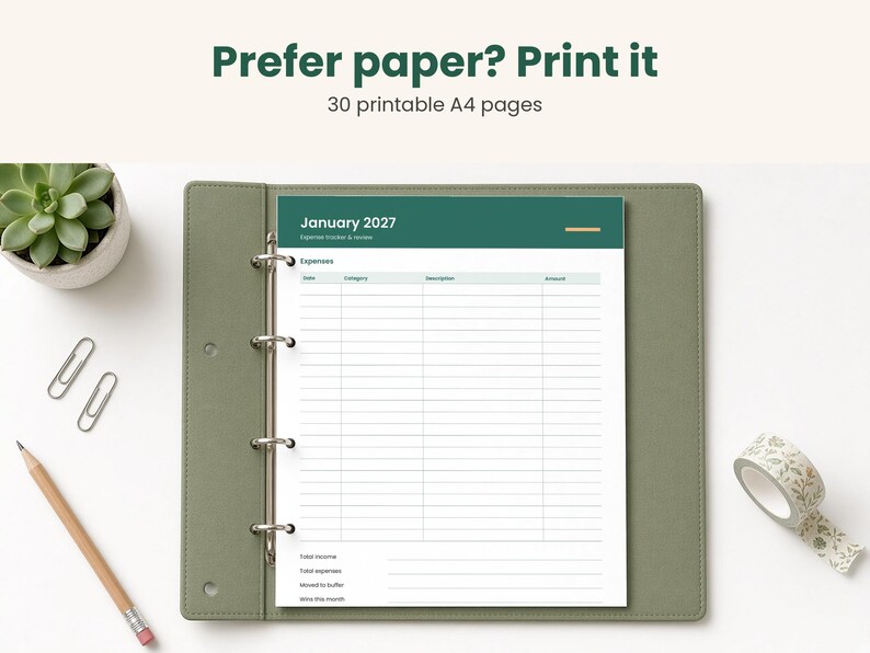 May include: A printable A4 expense tracker page for January 2027 inside a green binder. The document features columns for date, category, description, and amount, with sections for total income, total expenses, and notes at the bottom.