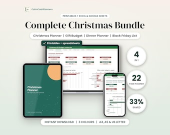 Christmas Planner Bundle, Christmas Dinner & Menu Planner, Christmas Budget Spreadsheet, Black Friday Shopping List, Gift List, Printable