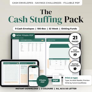 Op de afbeelding: Een digitaal Cash Stuffing pakket met 21 pagina's aan invulbare PDF-sjablonen voor contant geld enveloppen, spaarchallenges en reserveringsfondsen. Het toont budgetoverzichten en envelopontwerpen op computer, tablet en telefoon.