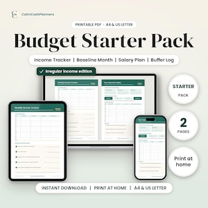 May include: A digital budget starter pack printable PDF featuring an income tracker, baseline month, salary plan, and buffer log. The set includes an irregular income edition, designed for A4 and US letter paper sizes for home printing.
