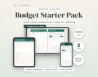 Budget Starter Pack, Irregular Income Tracker, Baseline Month and Pay Yourself a Salary Plan, Freelancer Budget, A4 & US Letter PDF