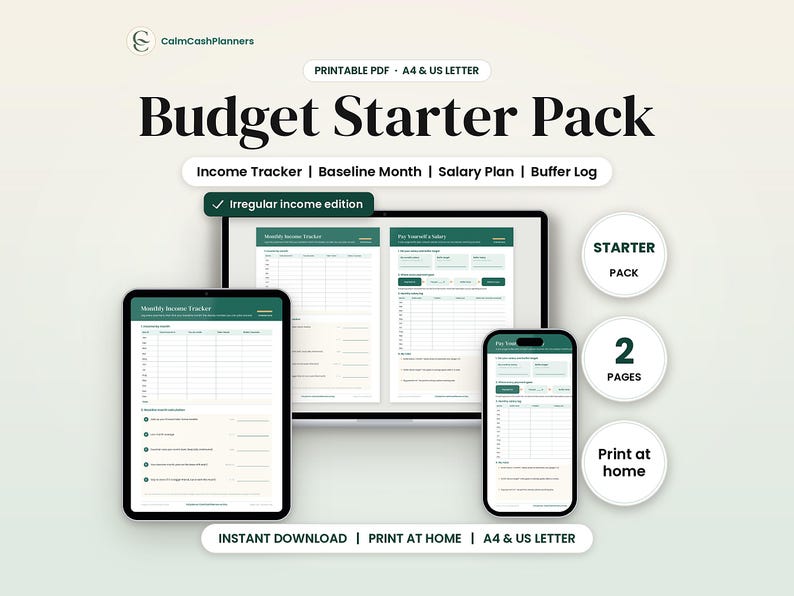 May include: A digital budget starter pack printable PDF featuring an income tracker, baseline month, salary plan, and buffer log. The set includes an irregular income edition, designed for A4 and US letter paper sizes for home printing.