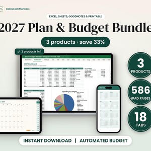 Op de afbeelding: Een 2027 Plan & Budget Bundle digitale productset met een laptop, tablet en smartphone die financiële dashboards, kalenders en cirkeldiagrammen weergeven. Bevat 3 producten, 586 iPad-pagina's en 18 tabbladen voor Excel, Sheets en Goodnotes.