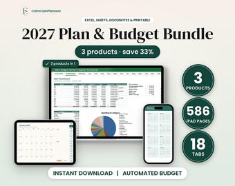 2027 Planner Bundle, Budget Spreadsheet Google Sheets & Excel, Digital Planner GoodNotes, ADHD Planner Printable, Monthly Budget