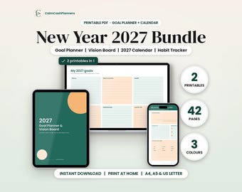 2027 Calendar & Vision Board Bundle, Goal Setting Planner Printable, 2027 Wall Calendar with Goals, New Year Goals, A4 A5 A3 US Letter