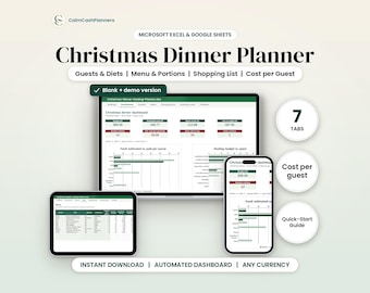 Christmas Dinner Planner Spreadsheet, Christmas Menu Planner & Holiday Hosting, Guest List, Shopping List, Cost per Guest, Google Sheets