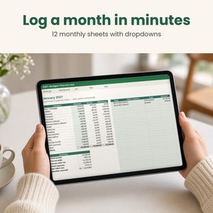 May include: A digital budget planner displayed on a tablet screen, featuring the text Log a month in minutes and 12 monthly sheets with dropdowns. The spreadsheet shows January 2027 income and expense categories with columns for planned, actual, and difference amounts.