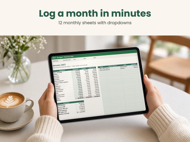 May include: A digital budget planner displayed on a tablet screen, featuring the text Log a month in minutes and 12 monthly sheets with dropdowns. The spreadsheet shows January 2027 income and expense categories with columns for planned, actual, and difference amounts.