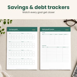 May include: Two white paper sheets featuring dark green headers and grid layouts. The left sheet is titled Savings goals with sections for goals and targets. The right sheet is titled Debt payoff tracker with columns for debt details and payment logs.