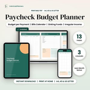 May include: A digital Paycheck Budget Planner set featuring a dark green cover with a peach circle, displayed on a tablet, smartphone, and laptop screen. Includes text: Paycheck Budget Planner, 13 pages, 3 colours, and Lean Month bonus.