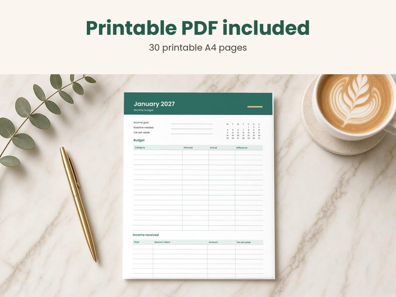 May include: A printable monthly budget planner page for January 2027 with a dark green header, featuring sections for income goals, budget categories with planned and actual columns, and an income received table, totaling 30 printable A4 pages.