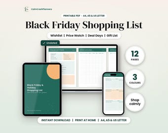 Black Friday Shopping List Printable, Christmas Gift List & Holiday Shopping Planner, Wishlist, Price Tracker, Undated, A4 A5 US Letter