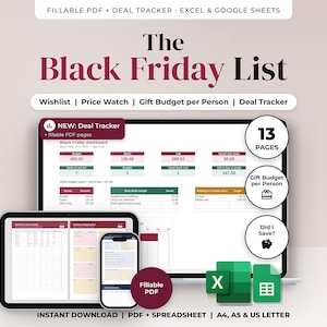 Op de afbeelding: Een digitale Black Friday List planner met een invulbare PDF, Excel en Google Sheets deal tracker. Het display toont een dashboard met budget-, uitgaven- en cadeau-trackinggegevens over 13 pagina's, compatibel met A4, A5 en US Letter formaten.