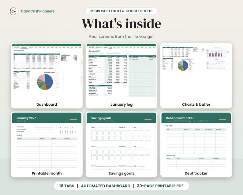May include: A digital budget planner for Microsoft Excel and Google Sheets titled CalmCashPlanners. It displays six screens including a dashboard, January log, charts, printable month, savings goals, and a debt payoff tracker with 18 tabs.