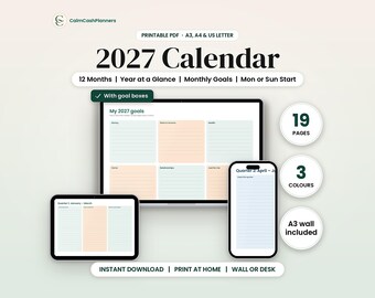 2027 Calendar Printable, Monthly Wall Calendar with Goals & Notes, Desk Calendar 2027, Year at a Glance, Mon or Sun Start, A4 A3 Letter