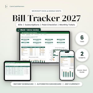 May include: A digital Bill Tracker 2027 for Microsoft Excel and Google Sheets. The display shows a dashboard with financial data, charts, and tables on a laptop, tablet, and smartphone. Includes six tabs, two charts, and a quick-start guide.