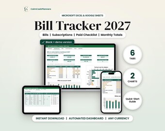 Bill Tracker Printable 2027, Subscription Tracker, Household Bill Calendar & Expense Tracker PDF A4 Letter Instant Download